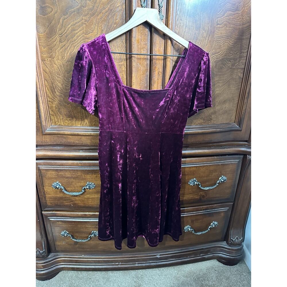 Whimsigoth Burgundy Crushed Velvet Mini Dress Scoop Neck Cottagecore goth Size S